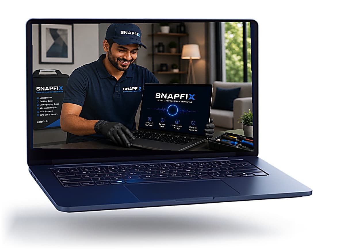 Premium laptop showing the Snapfix diagnostics screen, ready for a doorstep repair
