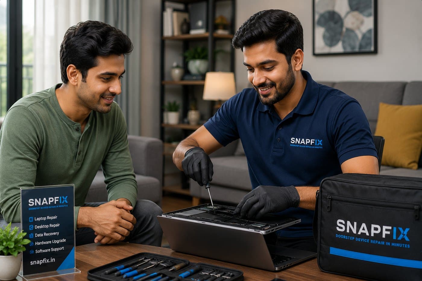 Certified Snapfix engineer repairing a laptop at a customer's home in Navi Mumbai