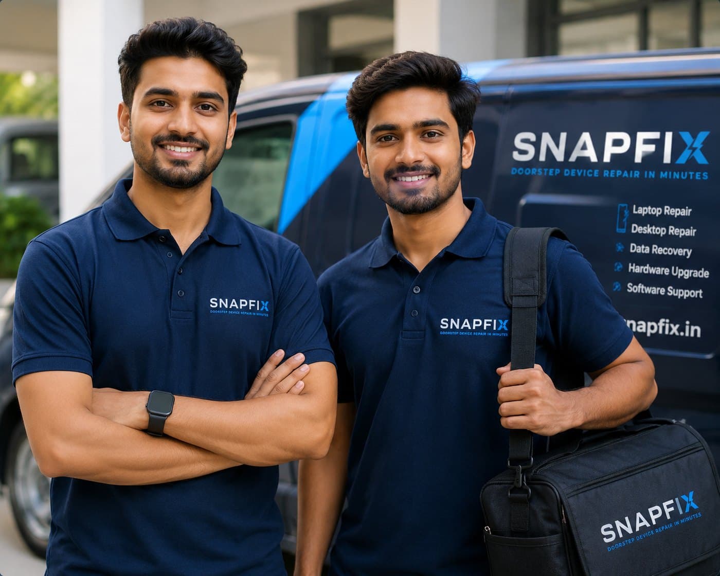Certified Snapfix engineers beside a branded service van in Navi Mumbai